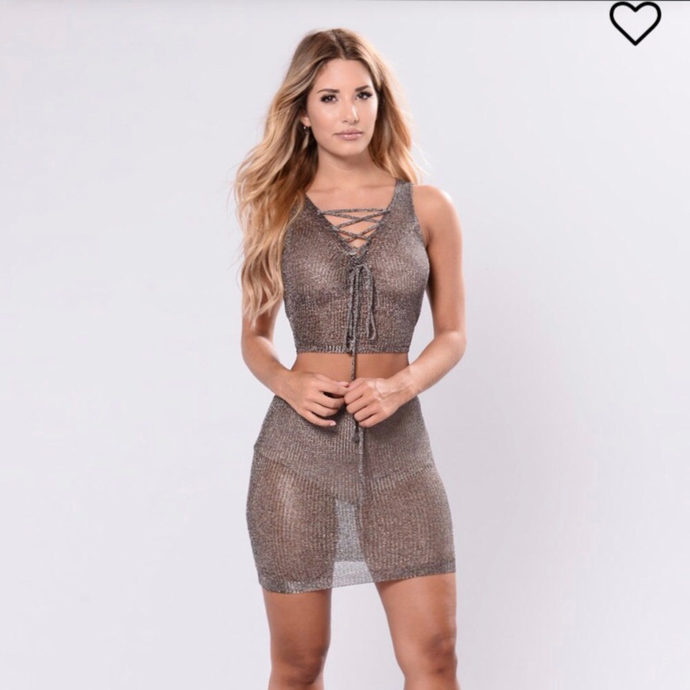 Grey Metallic Two Piece Skirt Set